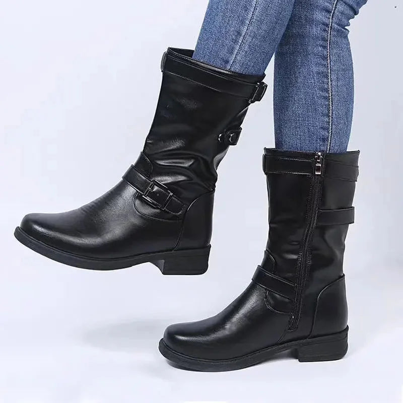 Women's black orthopedic mid-calf biker boots with zipper for comfort & support.
