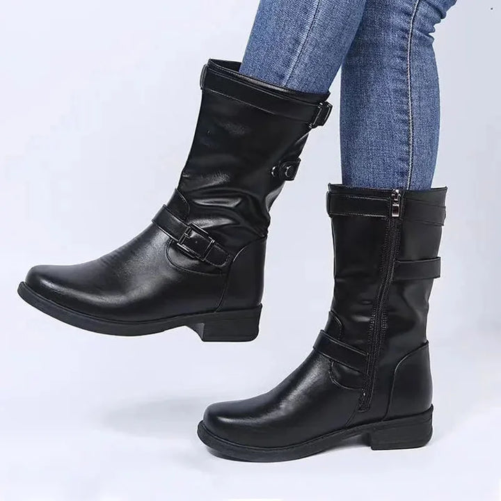 Women's black orthopedic mid-calf biker boots with zipper for comfort & support.