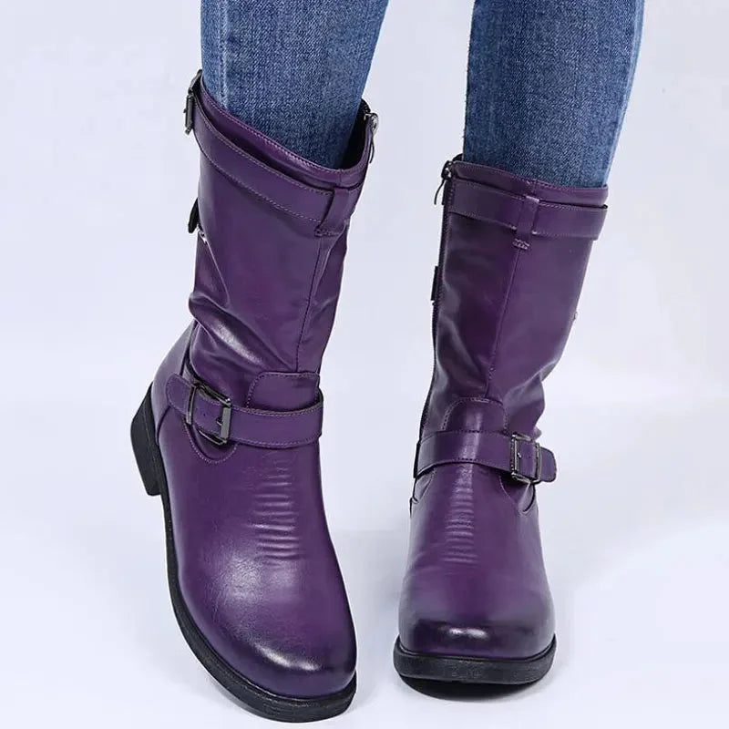Women's black orthopedic biker boots, mid-calf length, designed for superior comfort and foot support.
