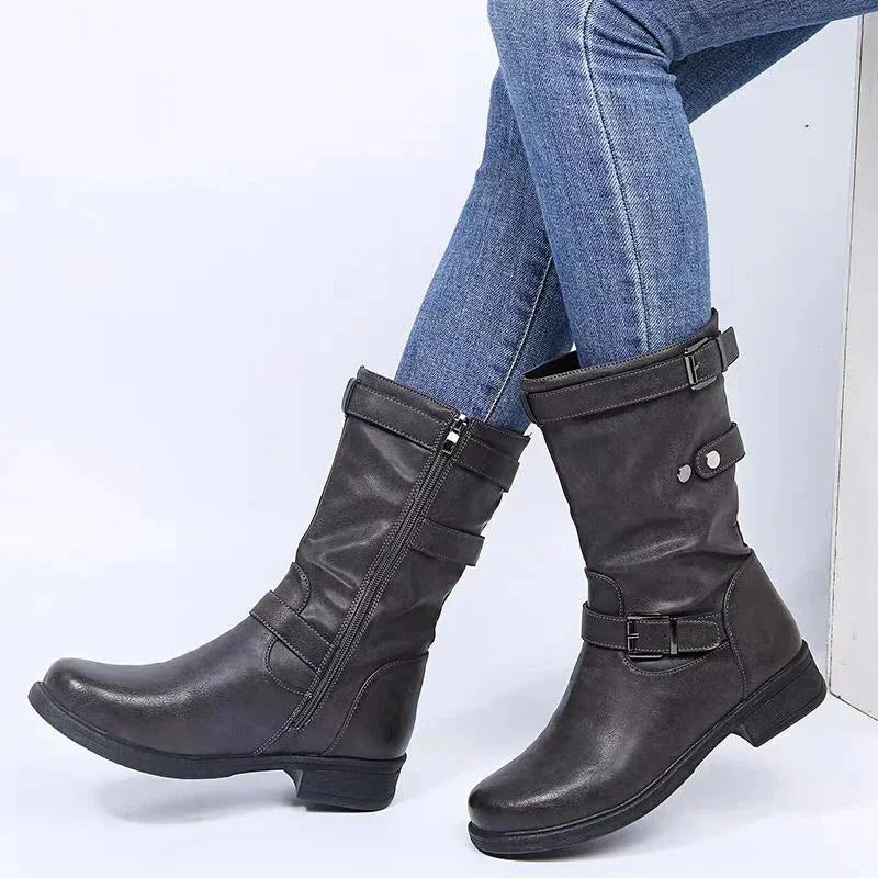 Stylish women's black mid-calf biker boots. Orthopedic design for all-day comfort & support.