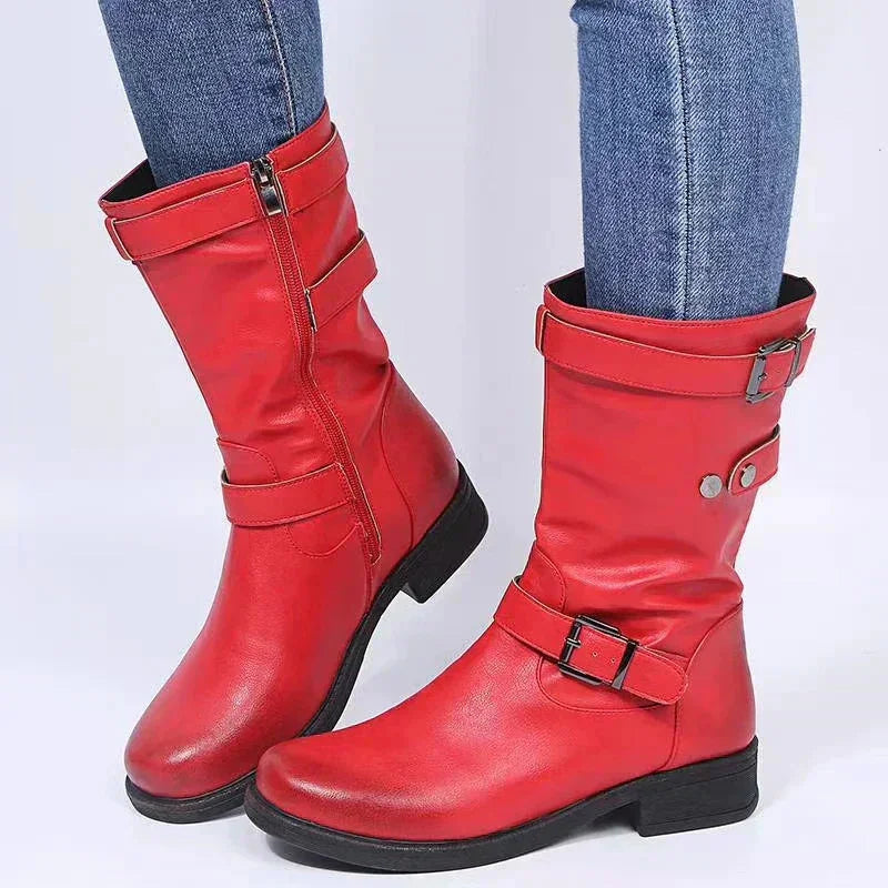 Comfortable black orthopedic mid-calf boots for women, offering excellent support & a chic biker style.