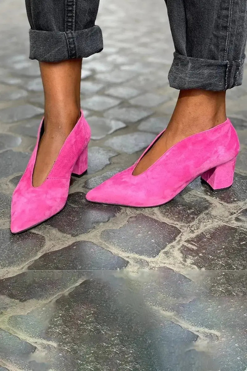 Elegant women's fuchsia block heel court shoes with pointed toe & deep cut design, perfect for office or evening.