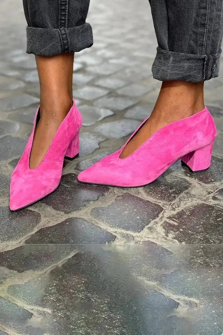 Elegant women's fuchsia block heel court shoes with pointed toe & deep cut design, perfect for office or evening.