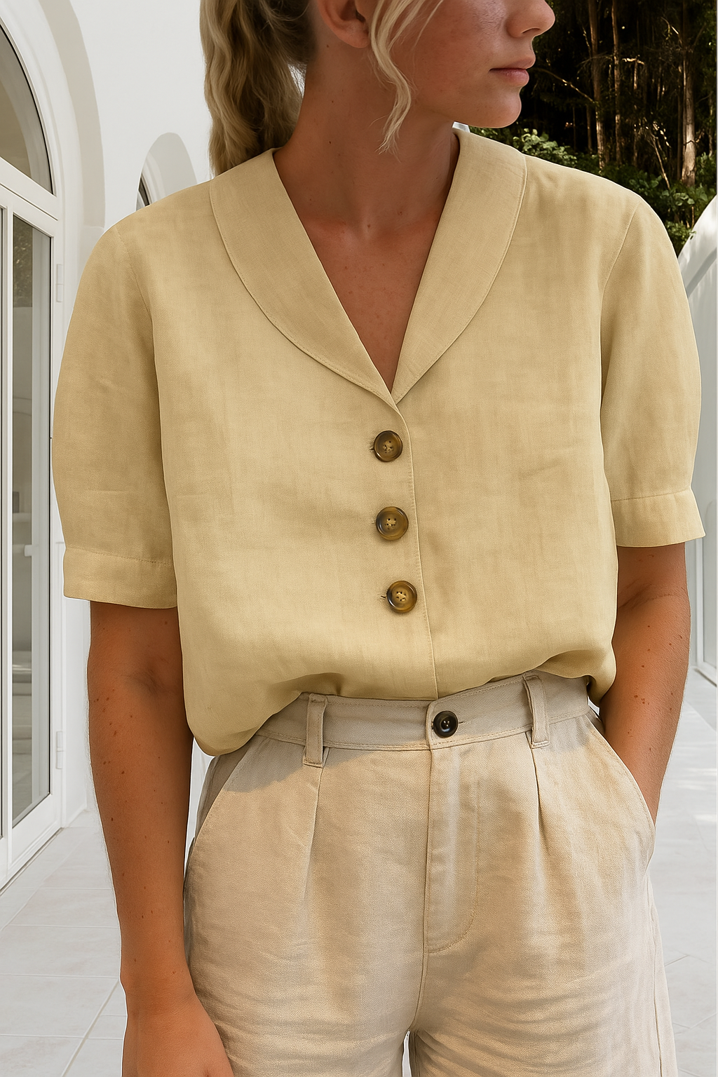 Versatile women's button-front blouse with a chic shawl collar. Ideal short sleeve shirt for casual or workwear.