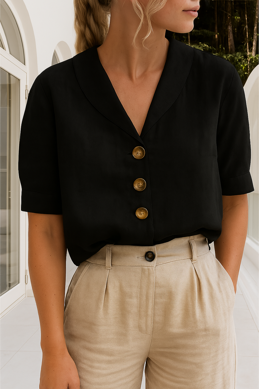 Stylish women's blouse featuring a unique shawl collar and classic button-front. Elegant short sleeve top for work or casual.