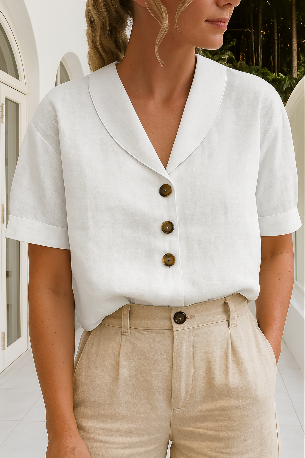 Elegant women's shawl-collar button-front blouse. Perfect short sleeve top for office wear or day-to-evening style.