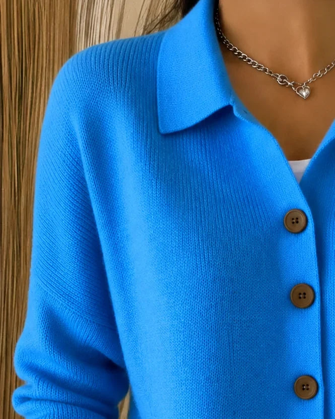 Elegant blue women's collared knit cardigan sweater, long sleeves, button-front, perfect for casual layering.
