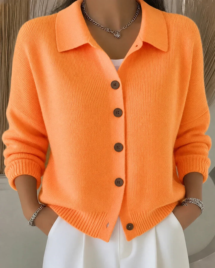 Versatile women's collared knit cardigan sweater, long sleeves, button front, ideal for elegant layering.