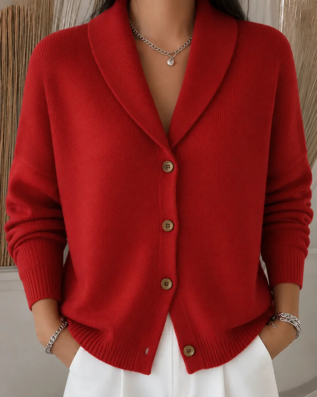 Cozy red women's collared button-front knit cardigan sweater with long sleeves for everyday wear.
