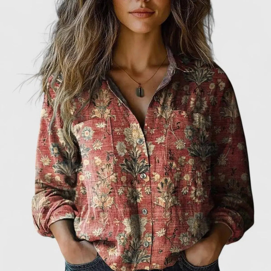 Women's boho floral print long sleeve button-up blouse, perfect for casual or smart casual wear.