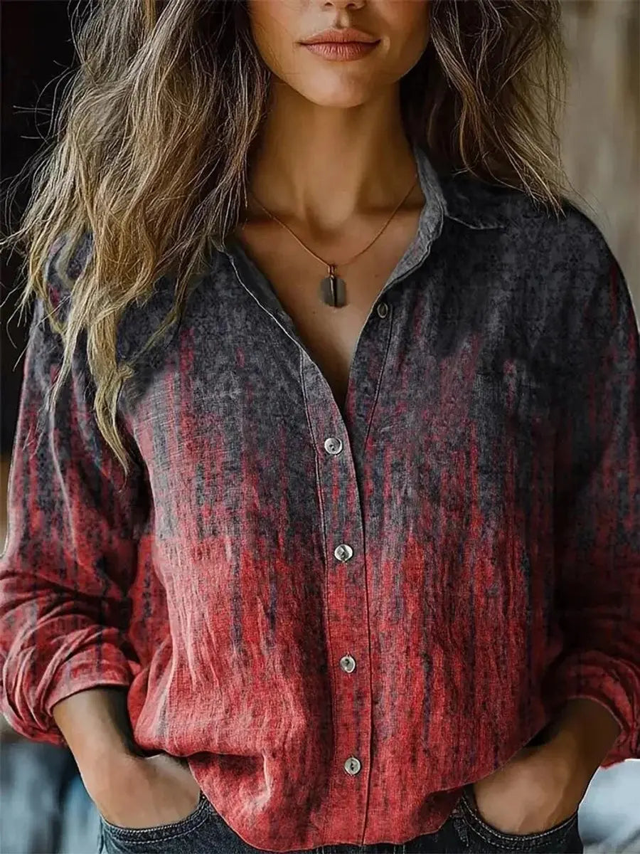 Comfortable women's long sleeve boho blouse with vibrant floral print, button-up style, relaxed fit.