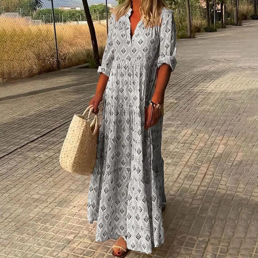 Boho floral print V-neck maxi dress, elegant long-sleeve cocktail & party wear for women, perfect for autumn/winter.