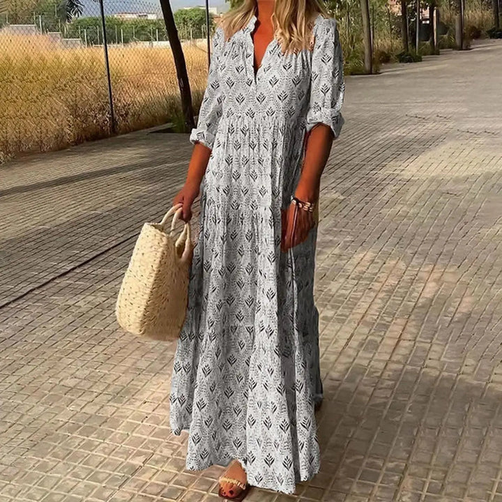 Boho floral print V-neck maxi dress, elegant long-sleeve cocktail & party wear for women, perfect for autumn/winter.