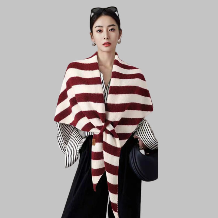 Seasonal women's wrap: bold horizontal striped triangle shawl, elegant & versatile.