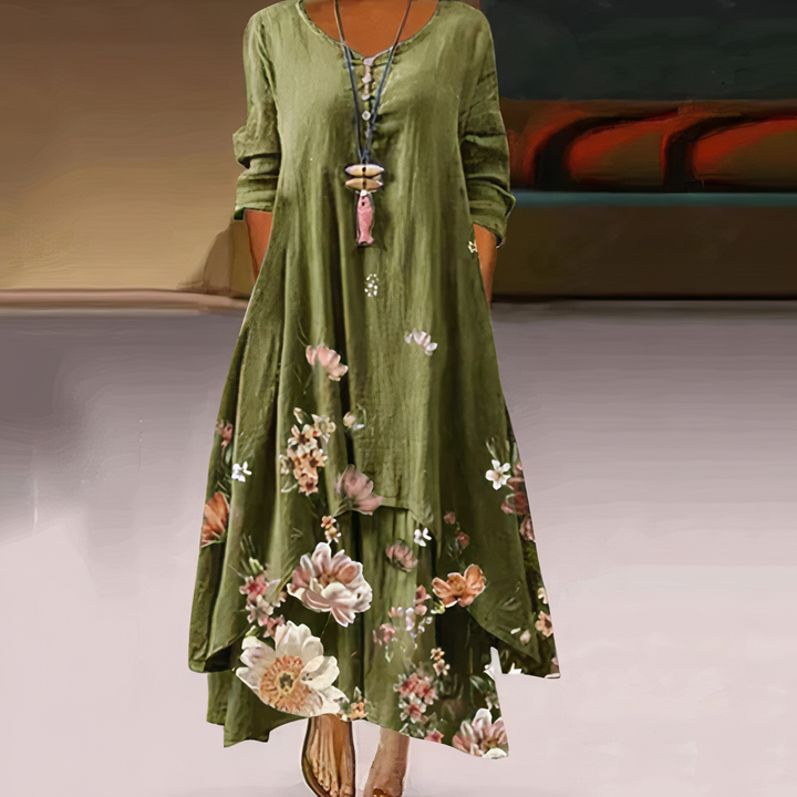 "Women's breathable midi dress with elegant floral design, A-line silhouette, perfect for all seasons and occasions."