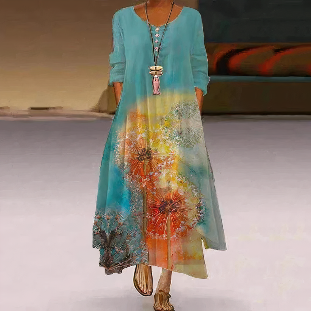 "Women's breathable midi dress with elegant floral design, A-line silhouette, perfect for all seasons and occasions."