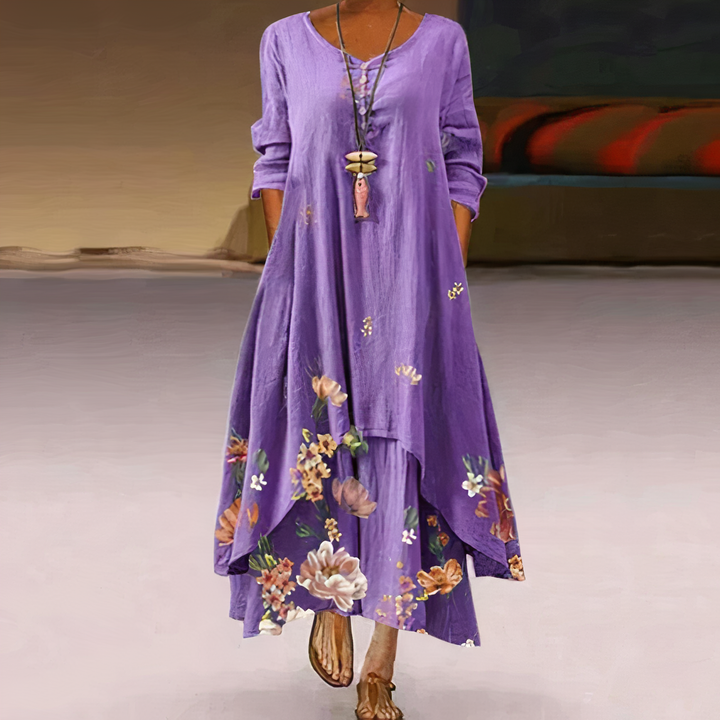 "Women's breathable midi dress with elegant floral design, A-line silhouette, perfect for all seasons and occasions."