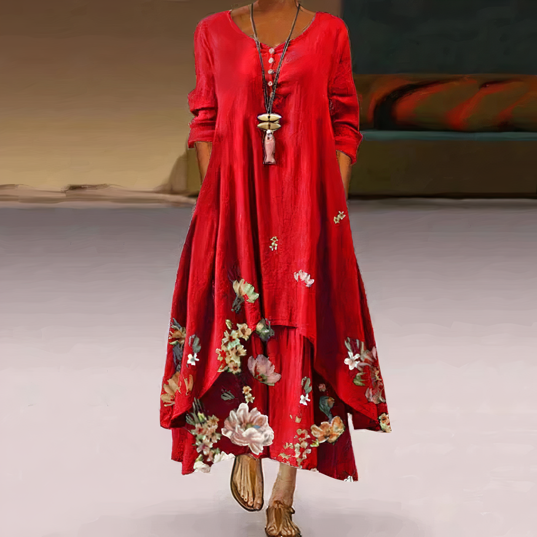 "Women's breathable midi dress with elegant floral design, A-line silhouette, perfect for all seasons and occasions."