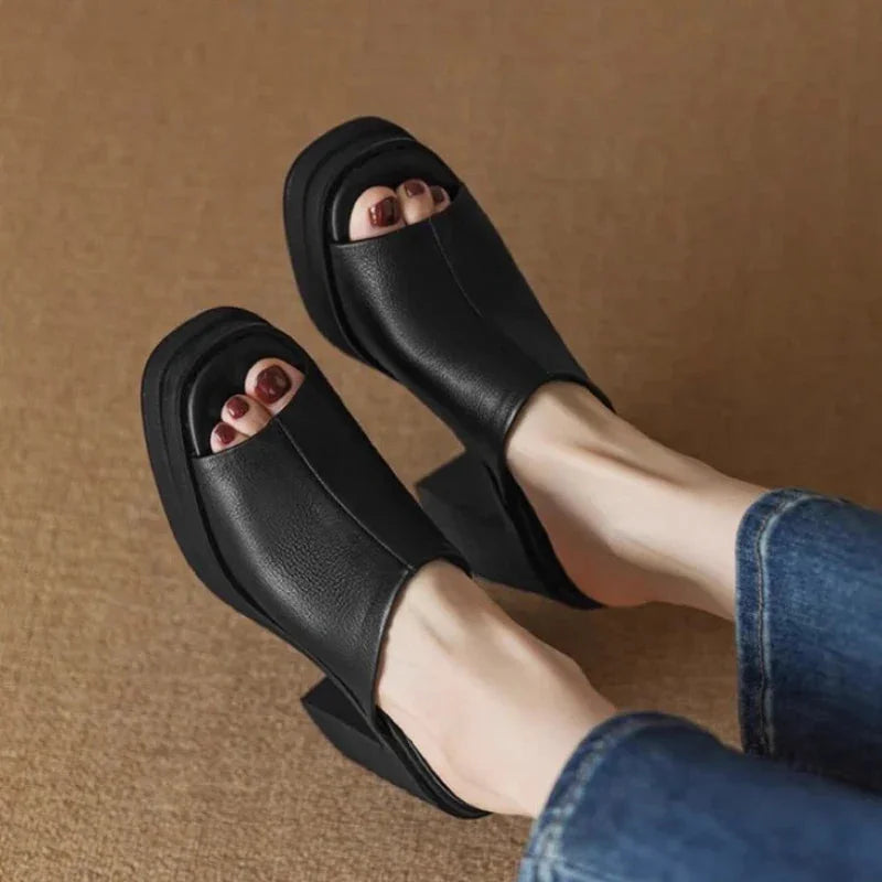 Peep-toe platform mule sandals for women, featuring a trendy block heel, perfect as elegant summer shoes.