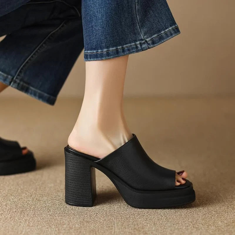 Women's comfortable brown platform mule sandals, peep-toe style with block heel, great for summer.