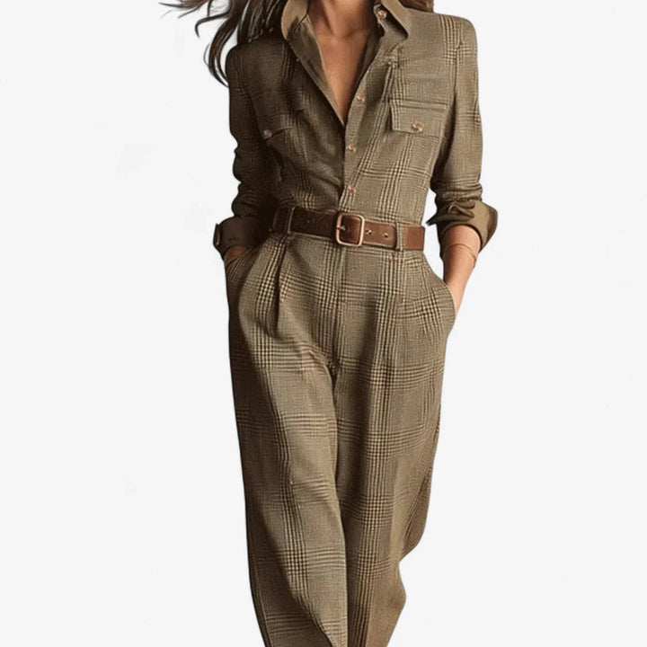 Chic women's brown plaid wide-leg jumpsuit featuring a collared button-front design. Perfect trendy autumn outfit.