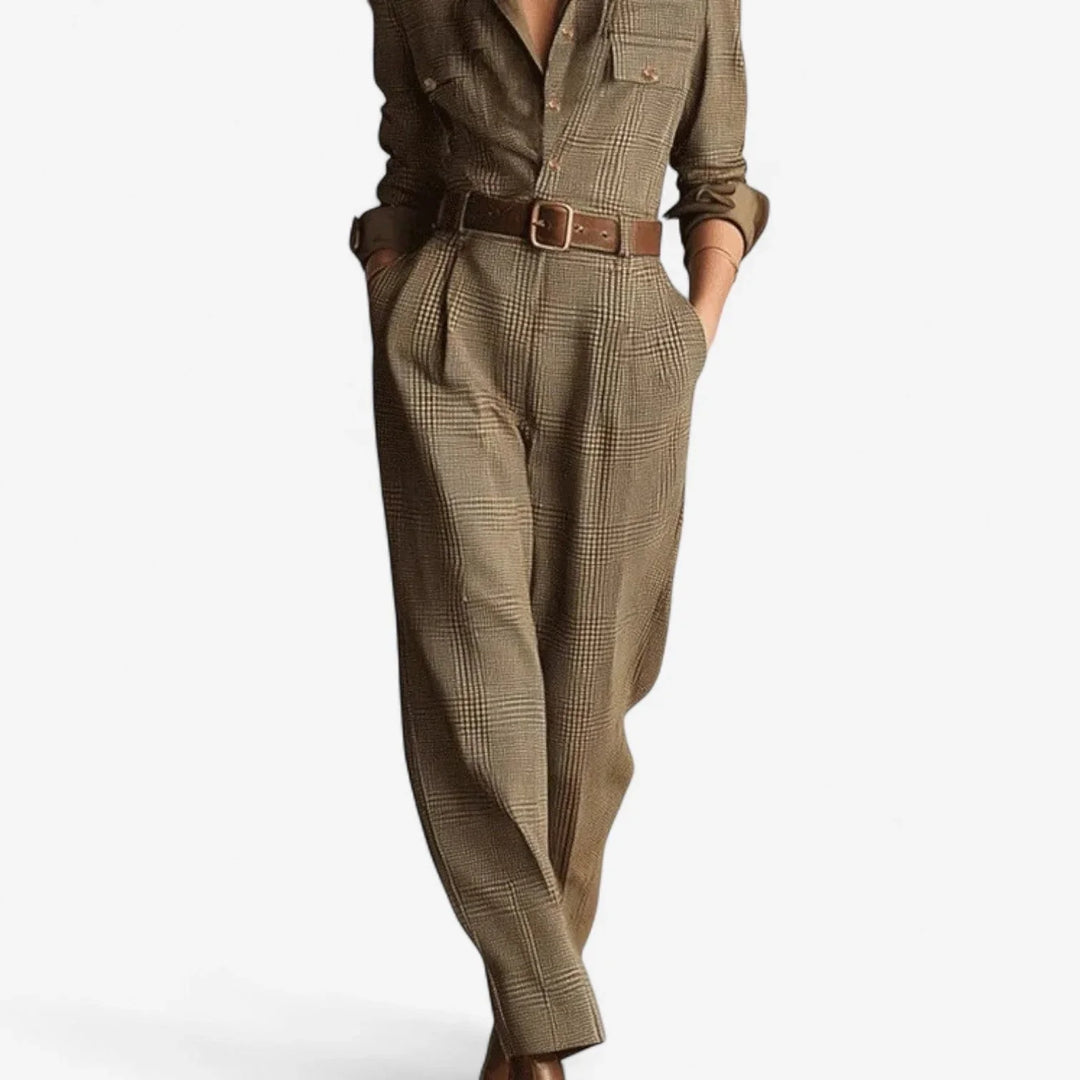 Elegant women's brown plaid wide-leg jumpsuit with a classic collared button-front. Trendy and comfortable one-piece.