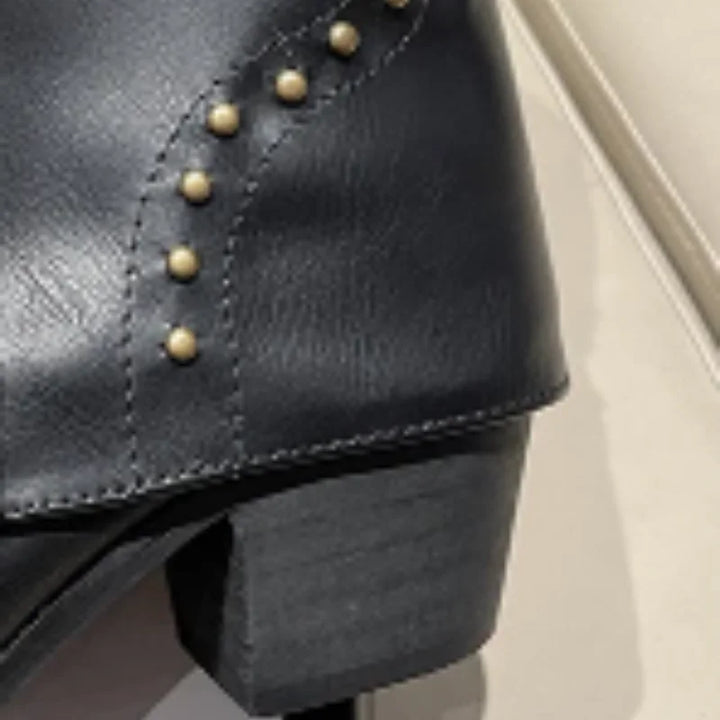 Women's studded pointed toe mid-calf boots, western fashion with a sturdy block heel.