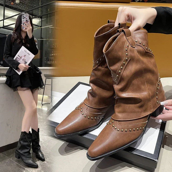 Black studded mid-calf western boots, women's, pointed toe, block heel, fashion essential.