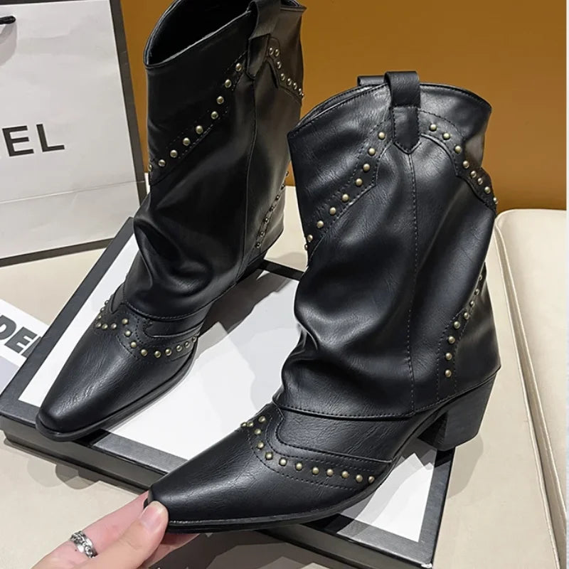 Fashionable women's western boots, mid-calf, studded, pointed toe, durable block heel.