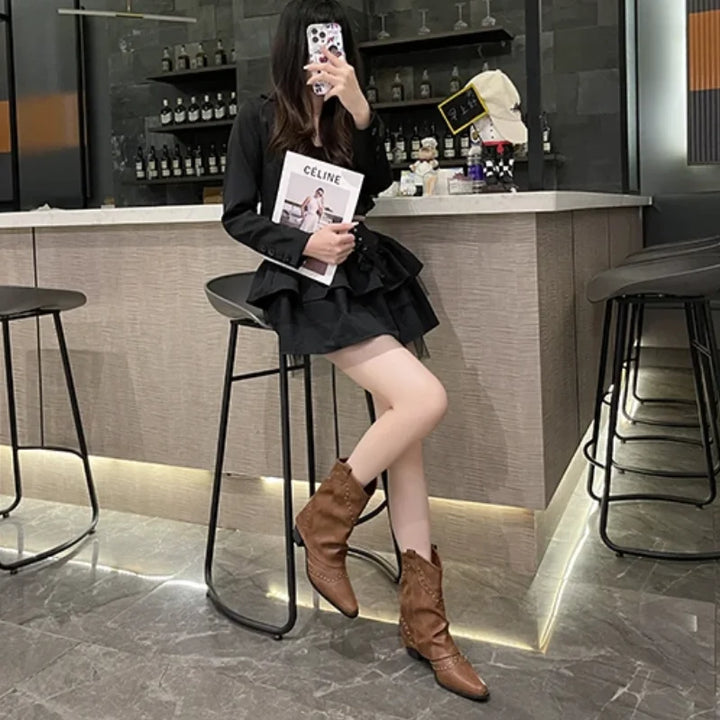 Women's studded mid-calf western boots, pointed toe, block heel, versatile fashion.