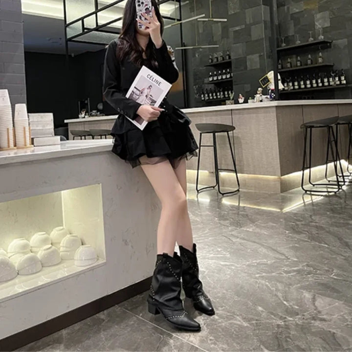 Pointed toe studded western boots, women's mid-calf, edgy fashion footwear.