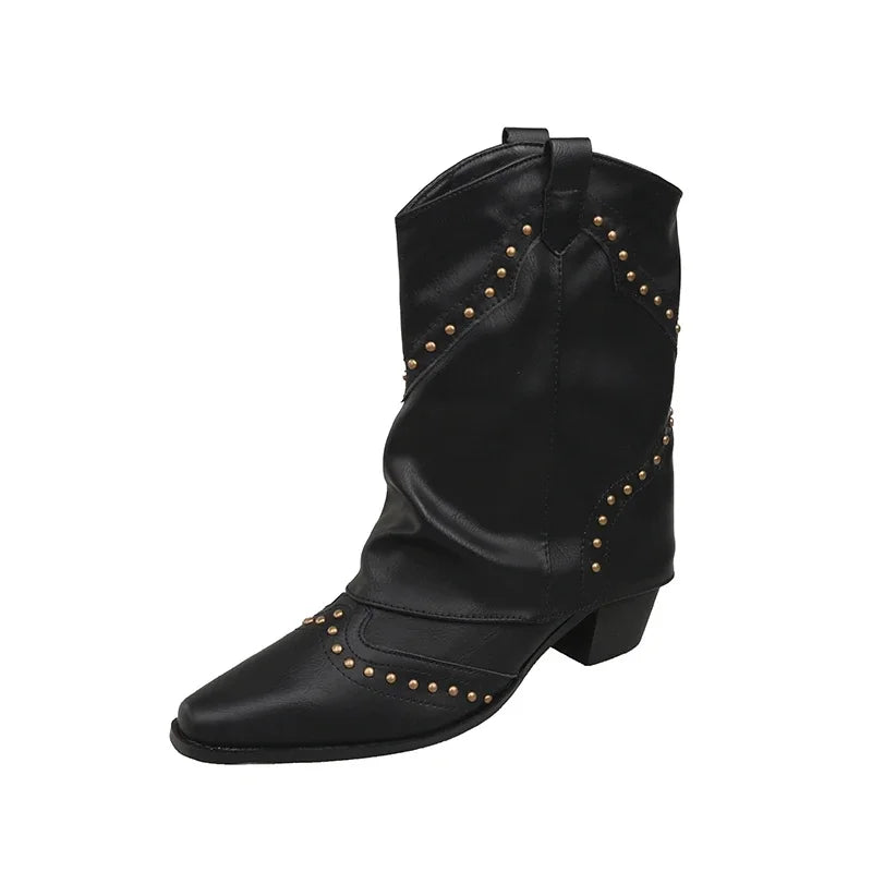 Women's studded mid-calf western boots, pointed toe, block heel for a bold look.