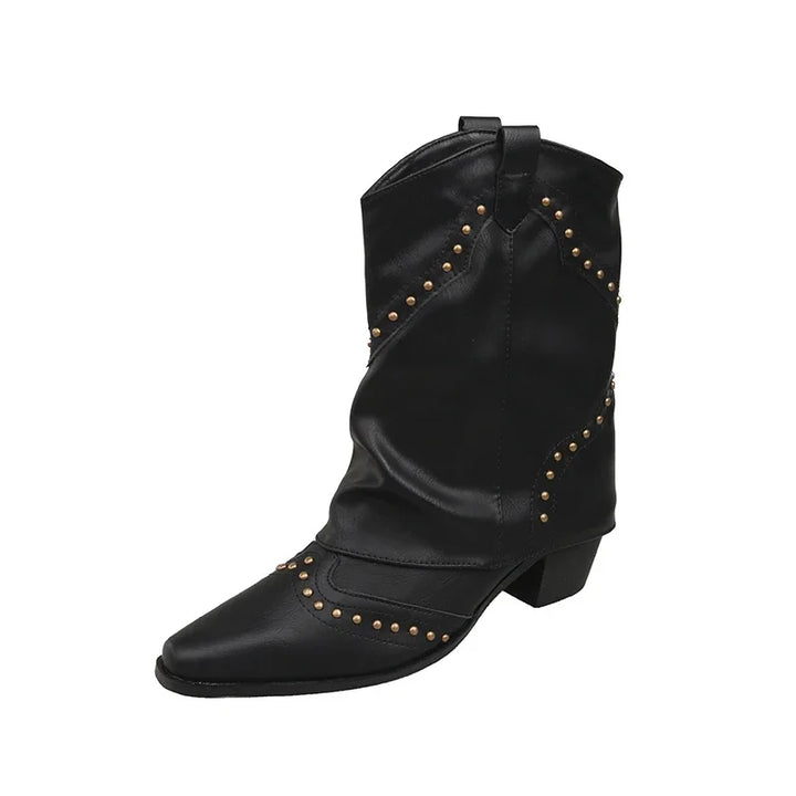 Women's studded mid-calf western boots, pointed toe, block heel for a bold look.