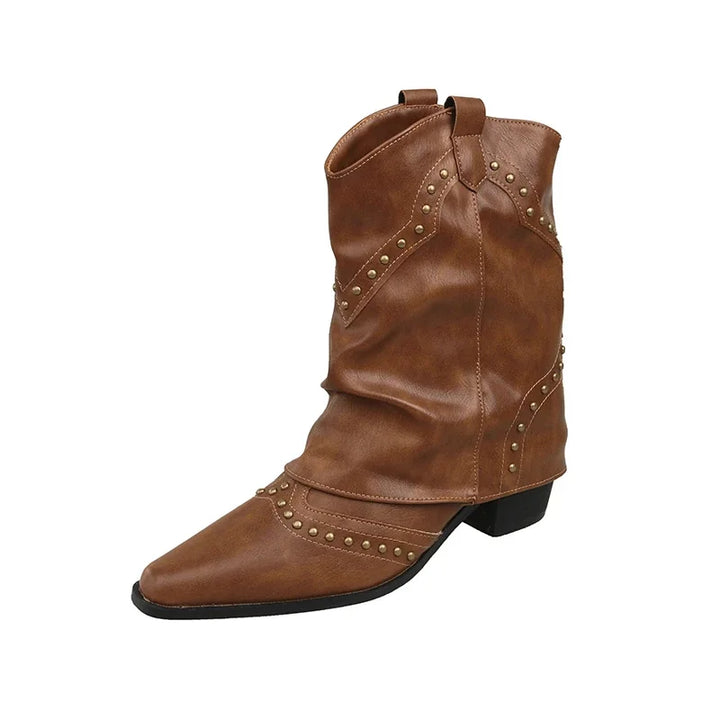 Stylish women's studded western boots, mid-calf, pointed toe, ideal for any outfit.
