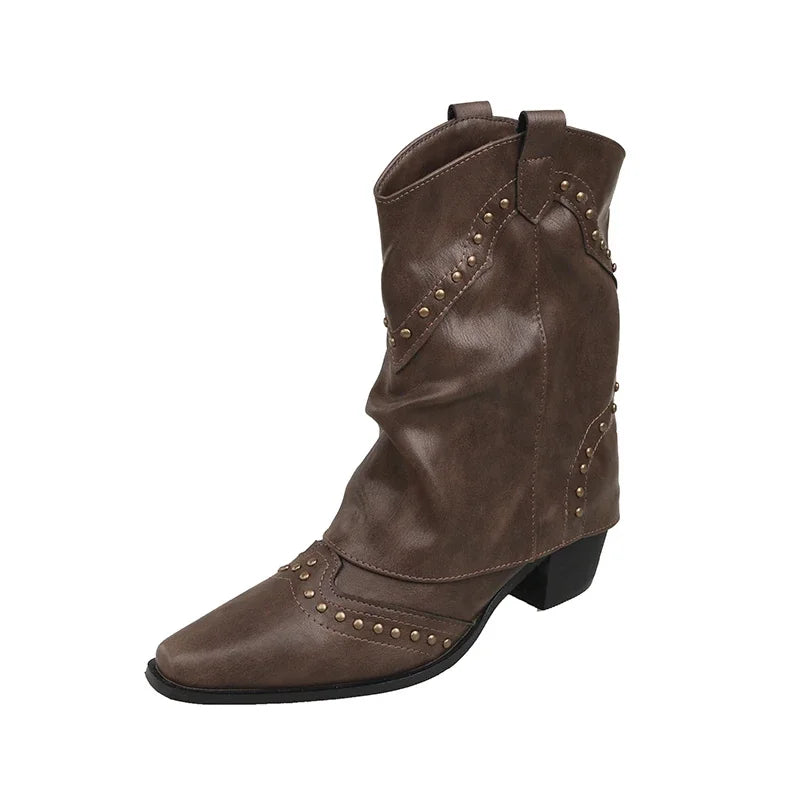 Fashionable studded western boots, women's mid-calf, pointed toe, perfect for edgy style.