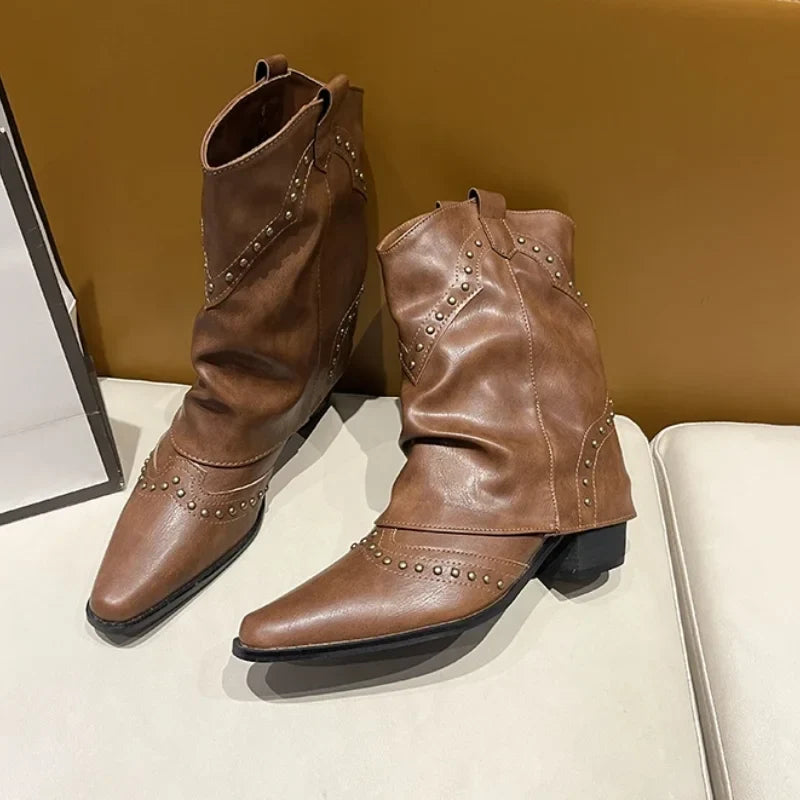 Chic women's mid-calf studded western boots, pointed toe, comfortable block heel.