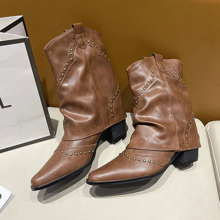 Women's edgy mid-calf studded western boots, pointed toe for a striking look.