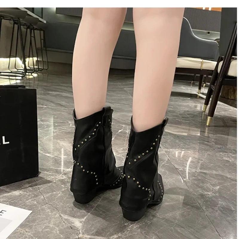 Mid-calf western boots for women, studded details, sharp pointed toe, comfy block heel.