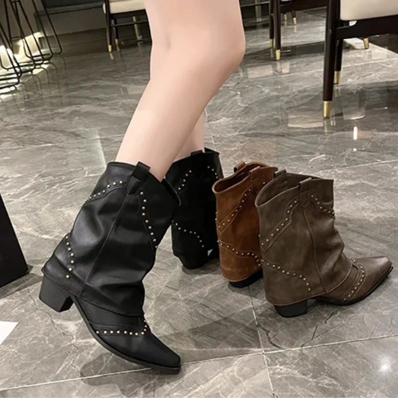 Women's black studded western mid-calf boots, pointed toe, sturdy block heel.