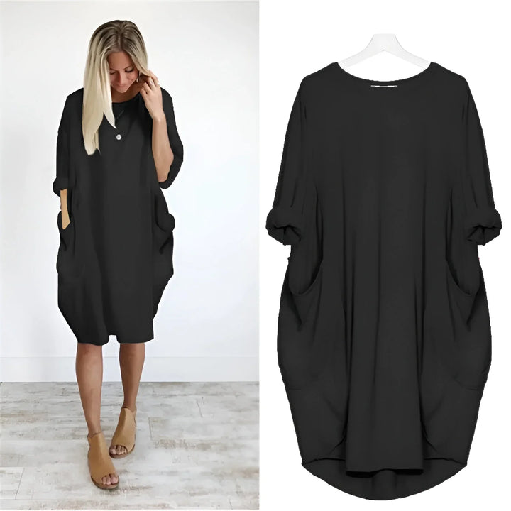 Women's casual oversized midi dress with comfy 3/4 sleeves & practical pockets.