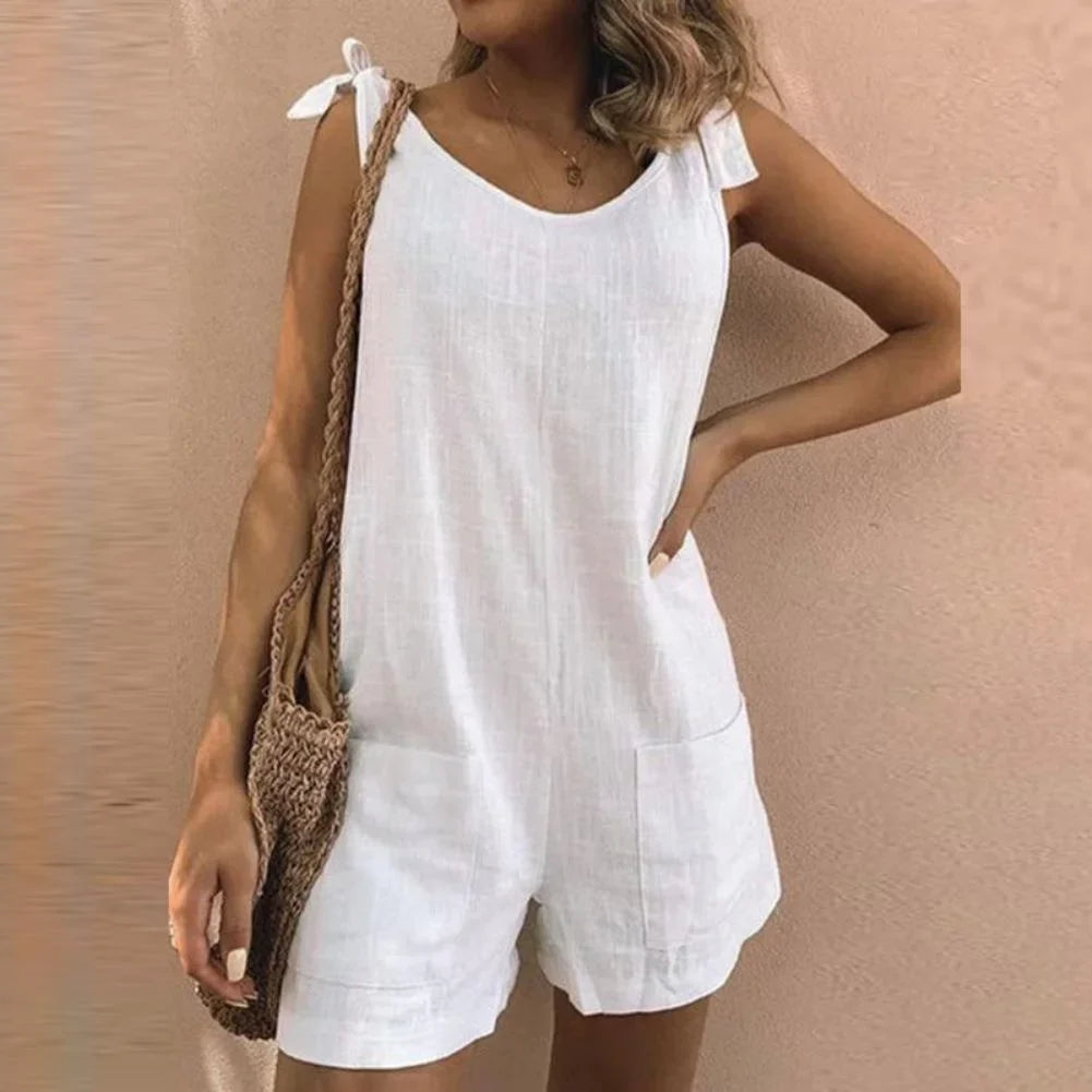 Women's casual short jumpsuit with stylish bow straps & practical patch pockets, perfect for summer daily wear.