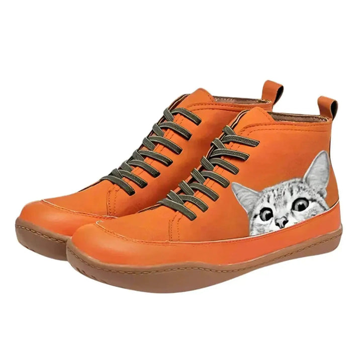 Women's playful cat print high-top lace-up flat ankle boots, perfect for casual style.