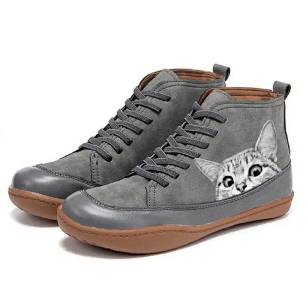 Cute cat print high-top lace-up ankle boots for women. A unique and playful gift for cat lovers.