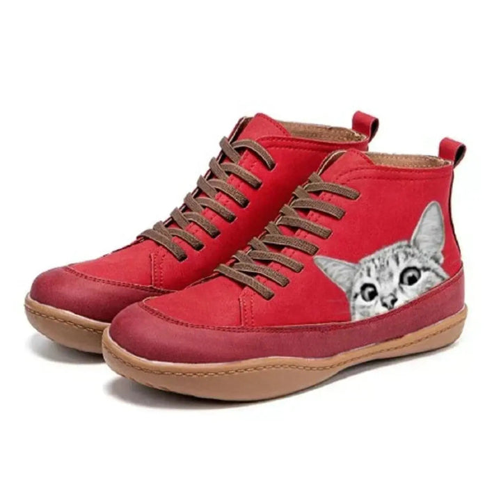 Unique women's high-top ankle boots featuring a fun cat print and lace-up comfort for casual wear.