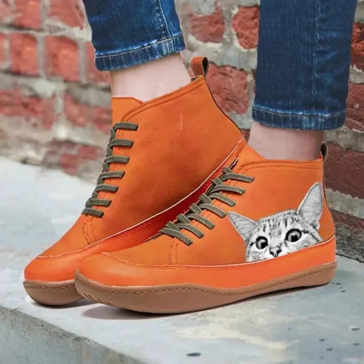 Playful cat print high-top flat ankle boots for women, offering lace-up comfort & stylish design.
