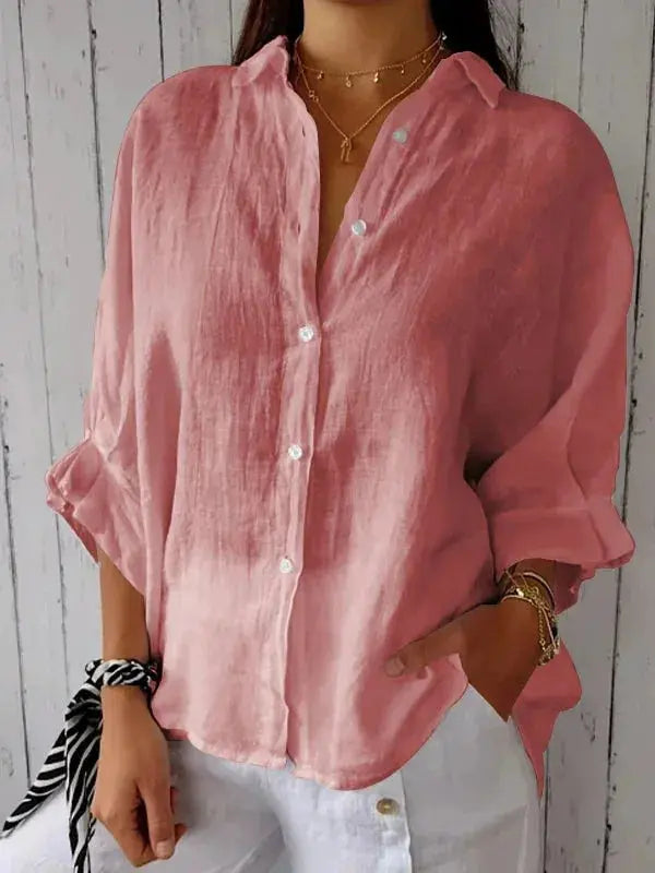 Women's chic linen blouse with relaxed fit, lightweight fabric, and elegant style, perfect for warm weather comfort.