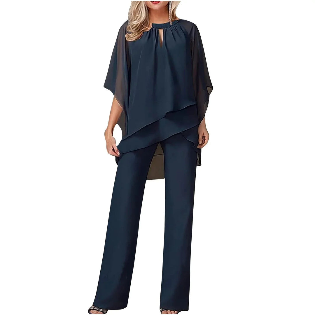 Women's elegant two-piece set featuring a batwing-sleeve keyhole top and comfortable wide-leg pants for occasion wear.
