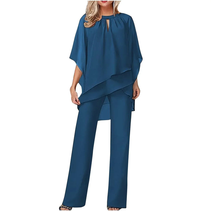 Women's formal two-piece set: a chic batwing-sleeve keyhole top with flowy wide-leg pants for evening wear.