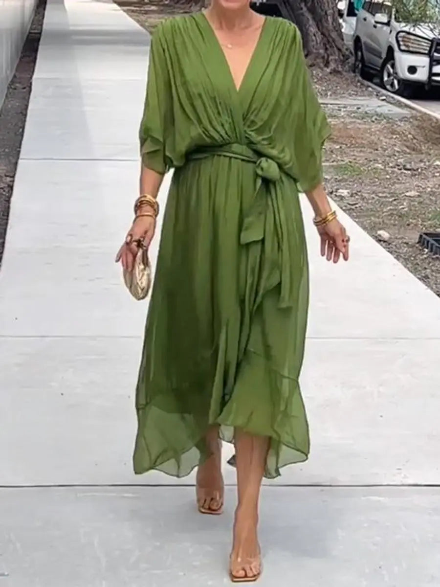 Women's V-neck belted chiffon midi dress for cocktail parties.