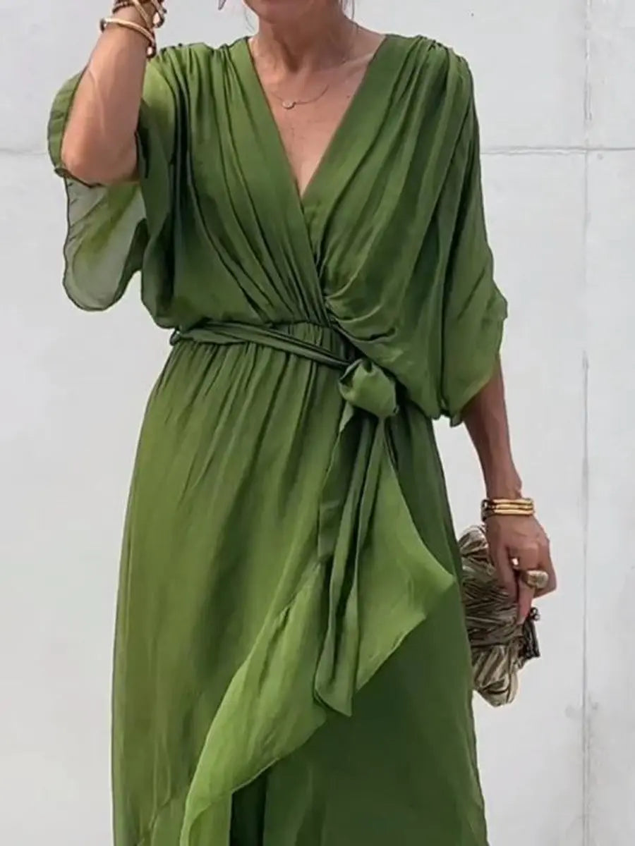 Classic V-neck belted chiffon midi dress for women, versatile for parties and formal events.